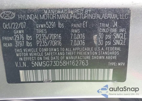 2008 Hyundai Santa Fe Gls из США, поврежденный, VIN 5NMSG73D58H162763